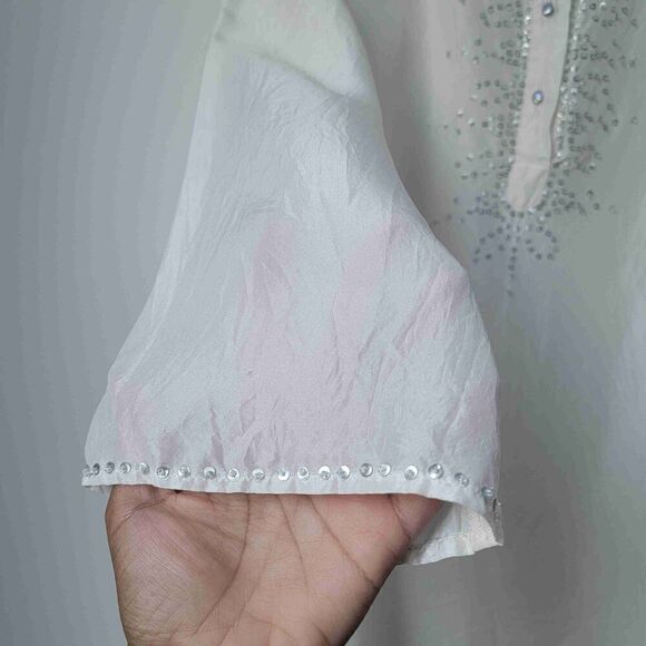 VINTAGE NINETY White Cotton Linen Embroidered Long Sleeve Tunic Size Medium - Picture 5 of 6